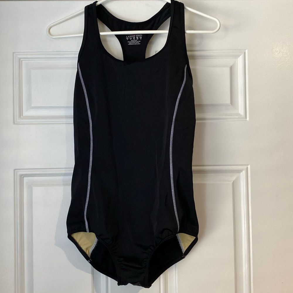 Lands End Racerback Swim Suit Black White Contrast Stitching Along Sides Size 8